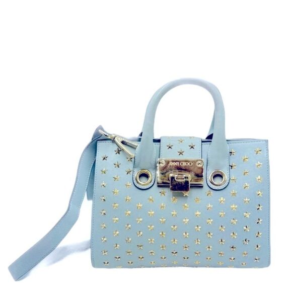 Auth Jimmy Choo Light Blue Star Studded 2way Mini Riley Satchel Top Hanfle Tote - Picture 1 of 15